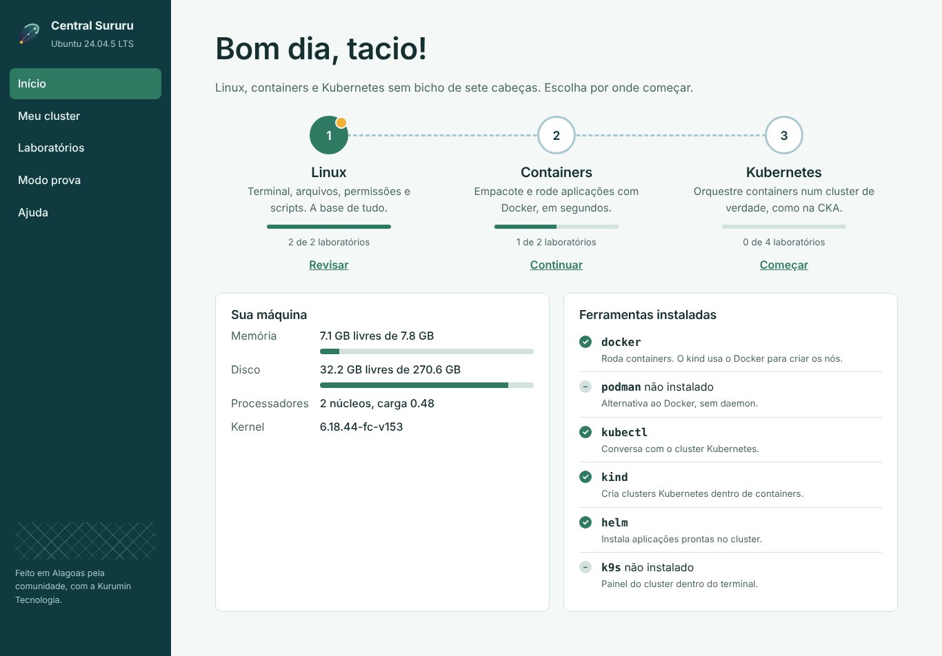 Tela inicial da Central Sururu, com as trilhas Linux, Containers e Kubernetes e o progresso de cada uma